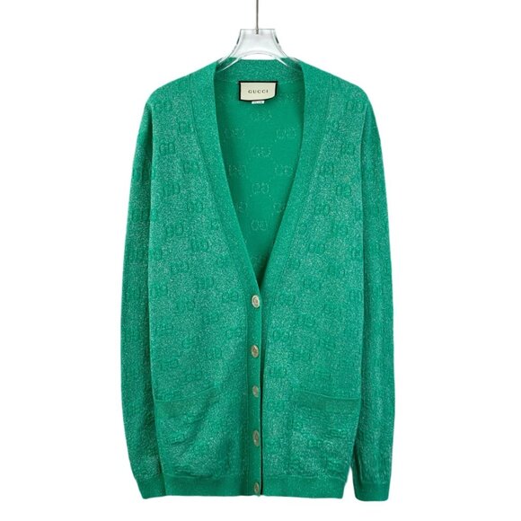 Gucci Green Logo Jacquard Wool V-Neck Button-Up Knit Cardigan